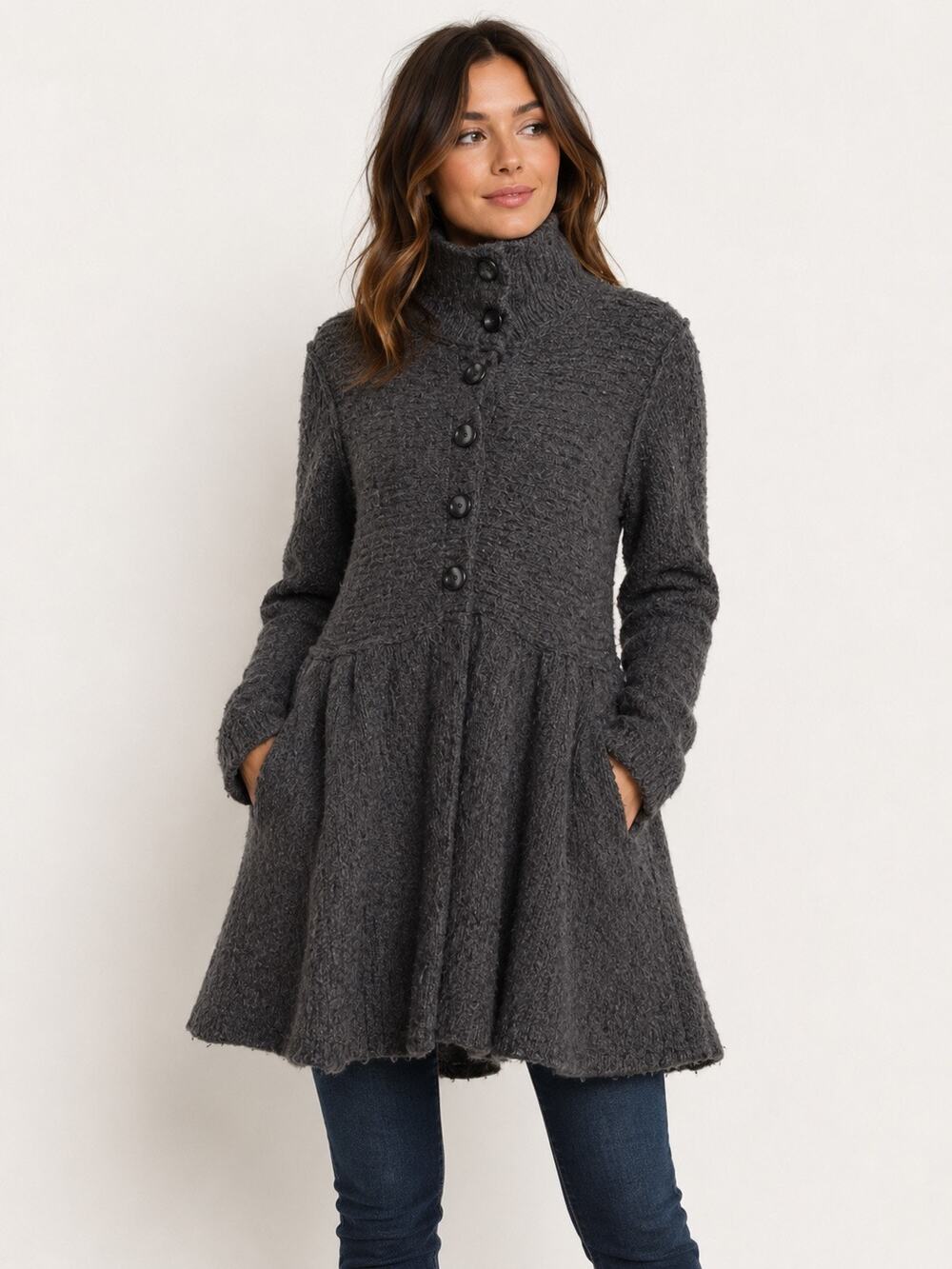 Free People Gray Chunky Wool Peplum Sweater Coat Button Front Sz Large